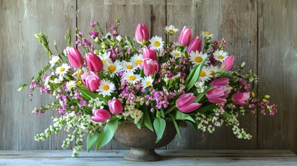 Fototapeta premium A delicate arrangement of spring flowers, including tulips and daisies, in a rustic vase on a wooden table.