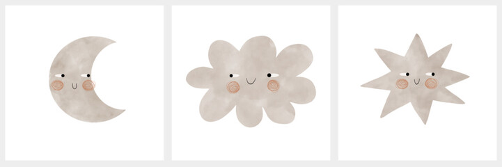 Fluffy Smiling Cloud, Funny Crescent Moon And Playful Star Isolated on a White Background. Simple Nursery Art. Set Of 3 Cute Simple Graphics Ideal For Kids Room Decoration. Gender Neutal Colors. 