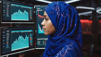 Focused Muslim Businesswoman in Hijab Observing Real-Time Market Charts on Multiple Screens in Modern Office