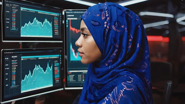 Focused Muslim Businesswoman in Hijab Observing Real-Time Market Charts on Multiple Screens in Modern Office