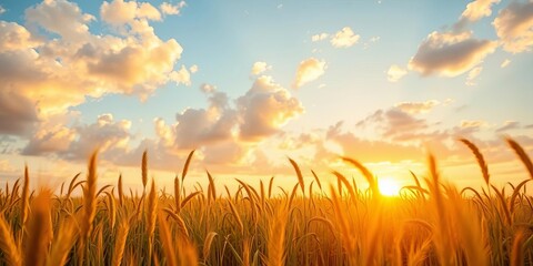 Golden sunset hues paint a summer field of young rye, cloudy sky backdrop,  nature,  green
