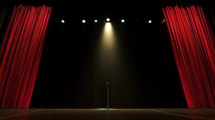Classic theatrical red curtains perfectly draped on an empty stage, ready for a show to begin.
