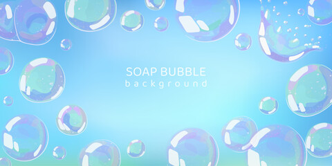 Turquoise holographic background with glossy soap bubbles. Rainbow glare, soft glow and dreamy gradient effect. Vector banner design for cosmetics, spa, hygiene and bath product themes