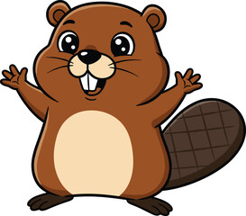 Cute happy cartoon beaver character with big teeth, smiling face, flat tail, waving hands, perfect for kids, forest, animal designs © Legend Monir