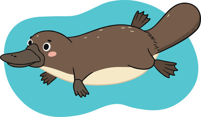 Cute cartoon platypus swimming in blue water background, educational animal illustration for kids learning, wildlife design, vector art
