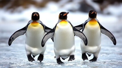 Fototapeta premium A group of penguins waddling in a humorous formation across the ice.