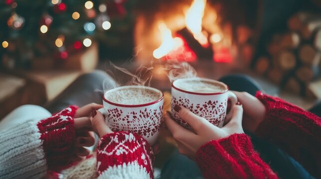 A group of friends enjoying a holiday at a cottage, sitting around the fireplace with hot cocoa.