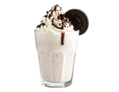 Creamy Oreo milkshake with a generous swirl of whipped cream and chocolate drizzle on transparent background.