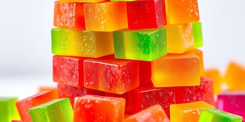 Stack of vibrant orange, green, red, and purple sugared gummy cubes, red, bright