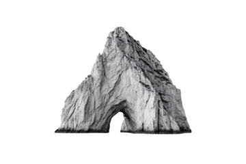 Jagged triangular rock formation with natural stone arch opening and weathered cliff-like surfaces, isolated on a transparent background