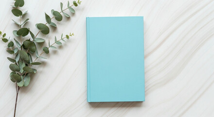 A close-up shot of a light blue book resting on a wooden textured surface with a sprig of eucalyptus.