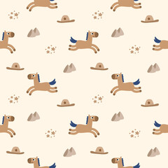 Horse cartoon so cute. On mountain star cowboy hat background. Pattern seamless vector illustration. 