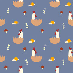 Chicken in egg shell cartoon so cute. On sun cloud mushrooms background. Pattern seamless vector illustration. 