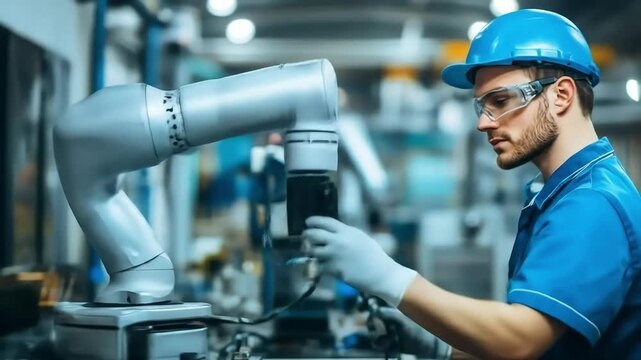 Dedicated engineer meticulously fine-tuning a collaborative robot in a high-tech production facility.