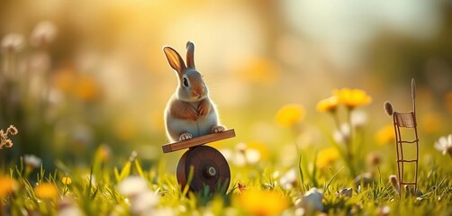 Tiny rabbit delicately balanced on a miniature seesaw in a sun-dappled meadow,  wildlife photography,  wildlife