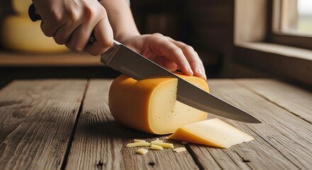 The cheese being cut, carefully, a gastronomic moment captured, the passion for food - Lynaria
