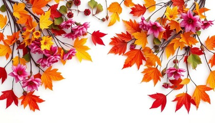 Vibrant autumnal blooms & leaves frame a central blank space on white ,  Thanksgiving,   golden