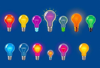 Vibrant, diverse lightbulb icons; various styles, colors & designs representing ideas, innovation, solutions,  vector,   colorful icons
