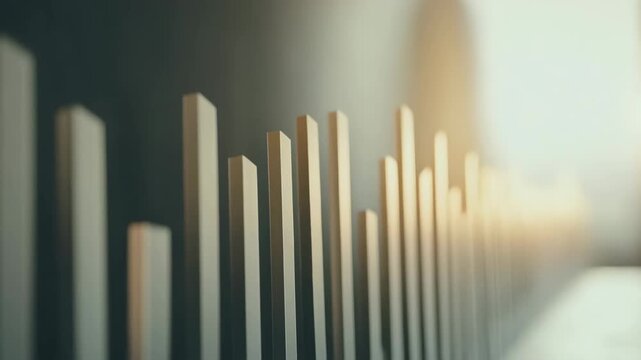 Wooden block row bathed in sunlight with calm peaceful ambiance soft focus warm tone vertical pattern abstract balance harmony minimalist progression composition