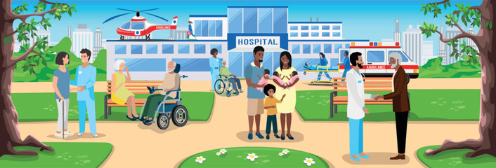 Doctors and patients, ambulance and medical helicopter in front of modern hospital building. Thank you doctors and nurses. Panoramic vector illustration.