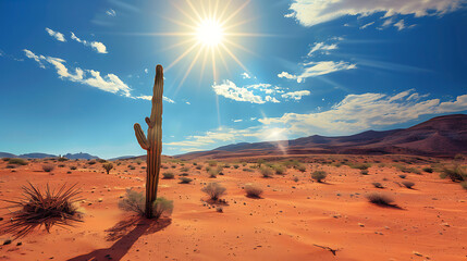 Vibrant desert landscape featuring a tall saguaro cactus under a bright, sun-drenched sky with dramatic clouds and arid hills