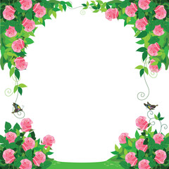 Pink climbing rose in rose garden. Vector illustration of floral frame with space for text. Cartoon style.