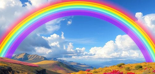 Vibrant rainbow arch over colorful vector landscape, ideal for diverse applications, rainbow,  vibrant colors