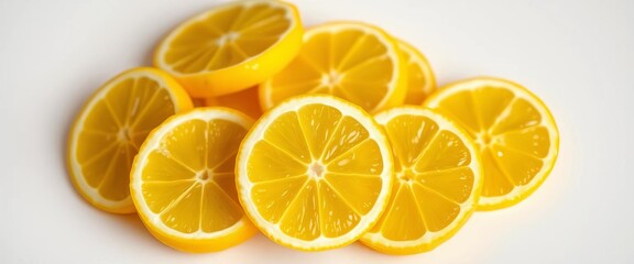 Vibrant yellow lemon slices, glistening with juice, on a clean white background,  slices,  vitamin c