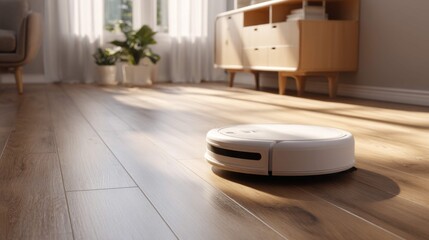 Robot vacuum cleaner operating on hardwood floor in bright modern living room