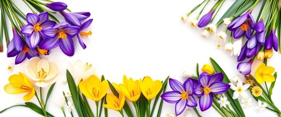 Violet, yellow, white crocuses & hepatica liverleaf blossoms arranged in frame on white background; spring floral flatlay,  botany,  detail