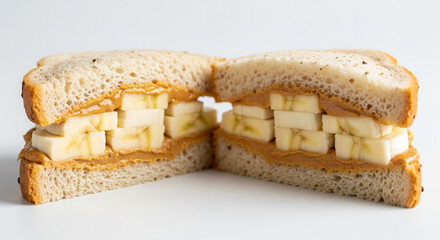 A peanut butter and banana sandwich cut in half isolated on white background