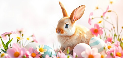 Whimsical watercolor bunny, pastel eggs, spring flowers, soft light,  watercolour,  watercolor