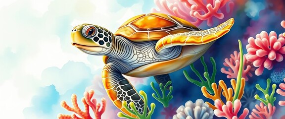 Whimsical watercolor turtle exploring vibrant coral reef, playful seaweed,  shells,   sea creature