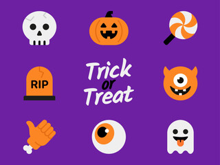 Fun Halloween Icons and Characters – Flat Vector Set with Trick or Treat Text