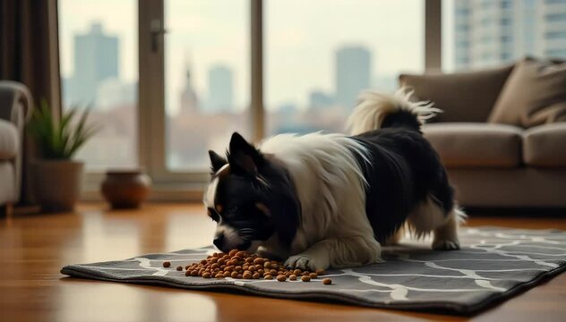 Lhasa Apso eating kibble on a clean mat