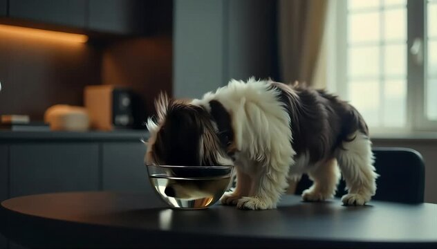 Lhasa Apso drinking water from a small bowl
