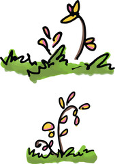 hand drawn doodle green grass with cute flower. for comic, card, poster, invitation, background asset