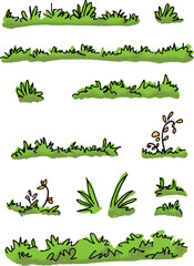 Vector set of cartoon green grass side view for landscape elevations, element for backdrop, eco environment concept design