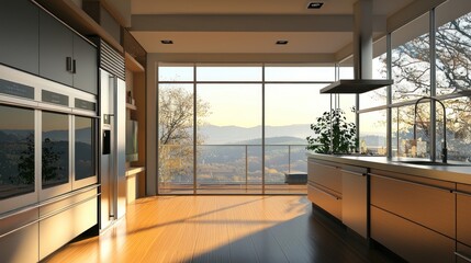 Obraz premium A modern cottage kitchen with sleek design, stainless steel appliances, and large windows.