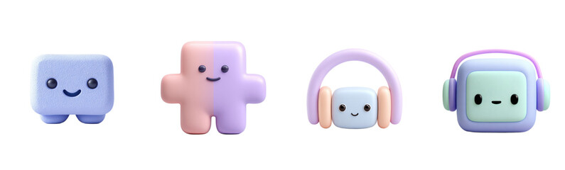 Cute cartoon characters in pastel colors are smiling. Adorable mascots, 3d render, kawaii, playful, minimal, happy