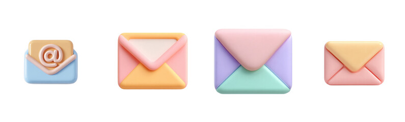 3D envelope icons for email communication. Message, letter, mail, communication, notification, digital, pastel, design, graphic, social media.
