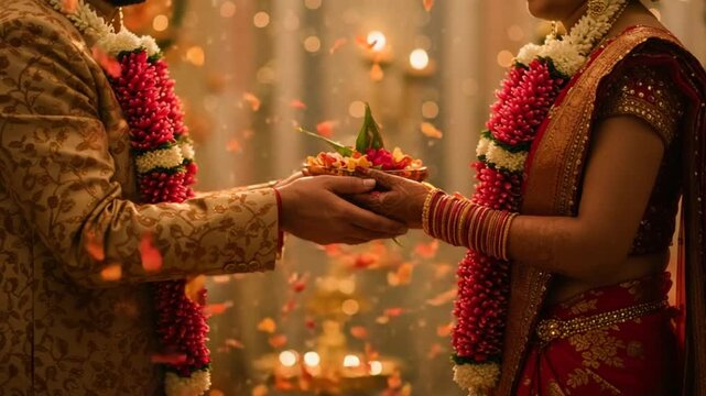 Couple Exchanging Items During Celebration with Flower Petals Falling Slow Motion