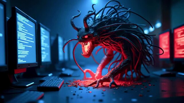 A monstrous creature with tentacles and glowing eyes emerges from a dark digital environment, surrounded by glowing computer screens displaying code