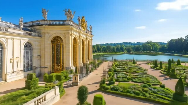 Elegant palace architecture with golden details and classical statues overlooks vast, manicured landscapes.