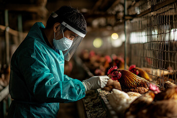 Scientist with medical scrub and protective face mask examining chicken with possible H5N1 virus infection at farm