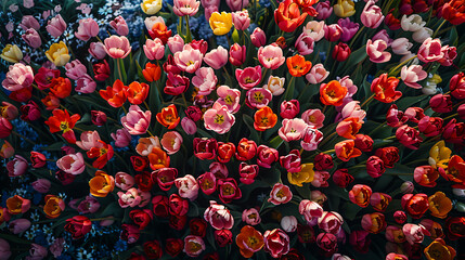 Vibrant spring tulips bloom in a lush garden display, capturing the essence of natural beauty and renewal for joyful occasions