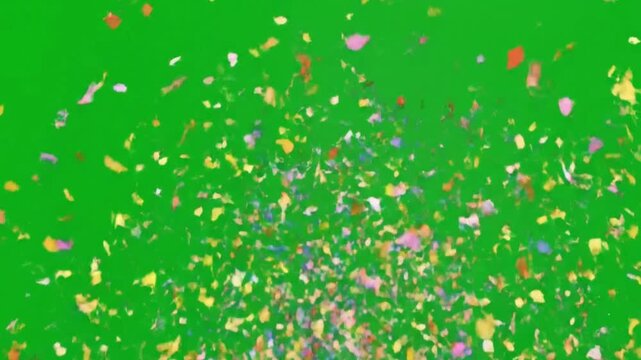 Scattered confetti multicolored on bright green background dense in center