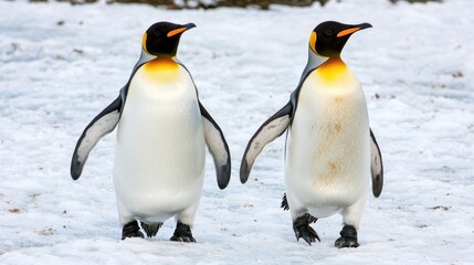 Fototapeta premium A pair of penguins waddling across the snow in Antarctica.