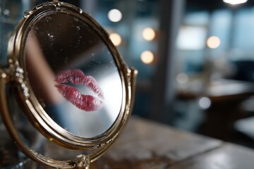 A stunning close-up of a vintage mirror reflecting a kiss mark, symbolic of affection and intimacy, perfect for exploring themes of nostalgia and romantic emotions.