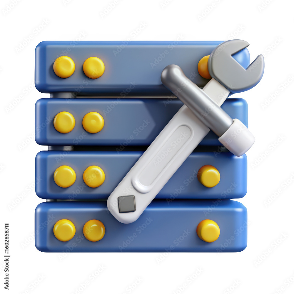 Poster 3d server stack with wrench on background represents maintenance and technical support for data cent